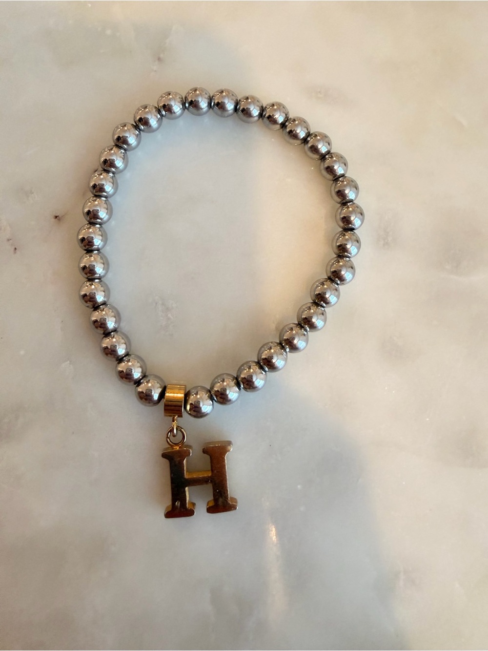 Rustic cuff Silver Beaded Bracelet with Gold 'H' Charm